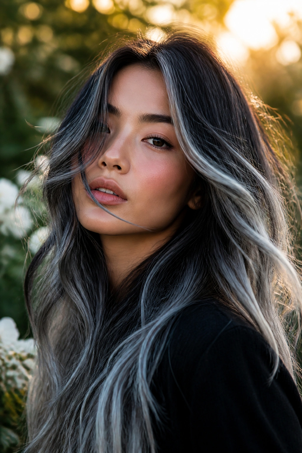 Close-up of a real woman with smoky balayage veil of silver over black hair.