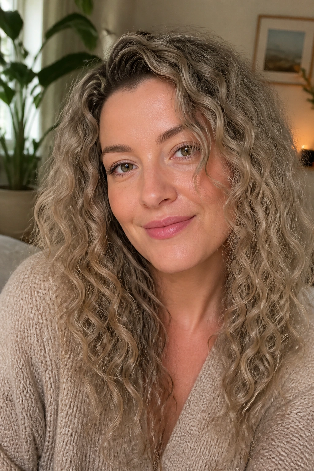 Close-up portrait of a real woman with smoky beige blonde and soft finish