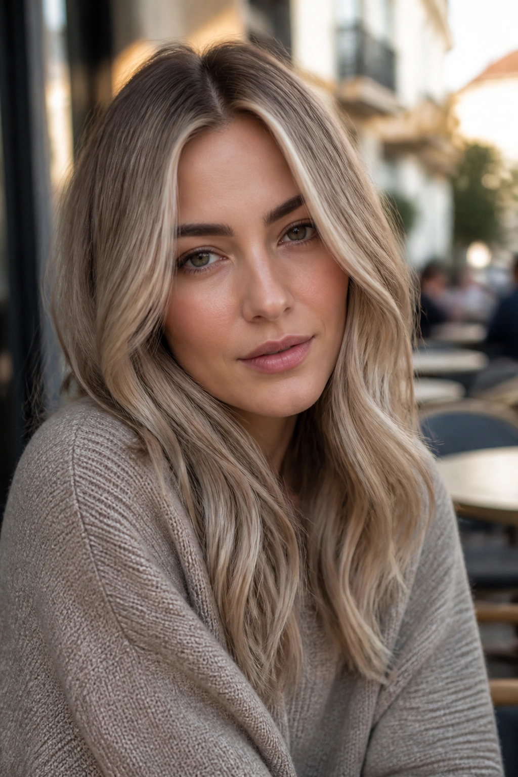 Close-up portrait of a woman with smoky beige blonde hair in city morning light