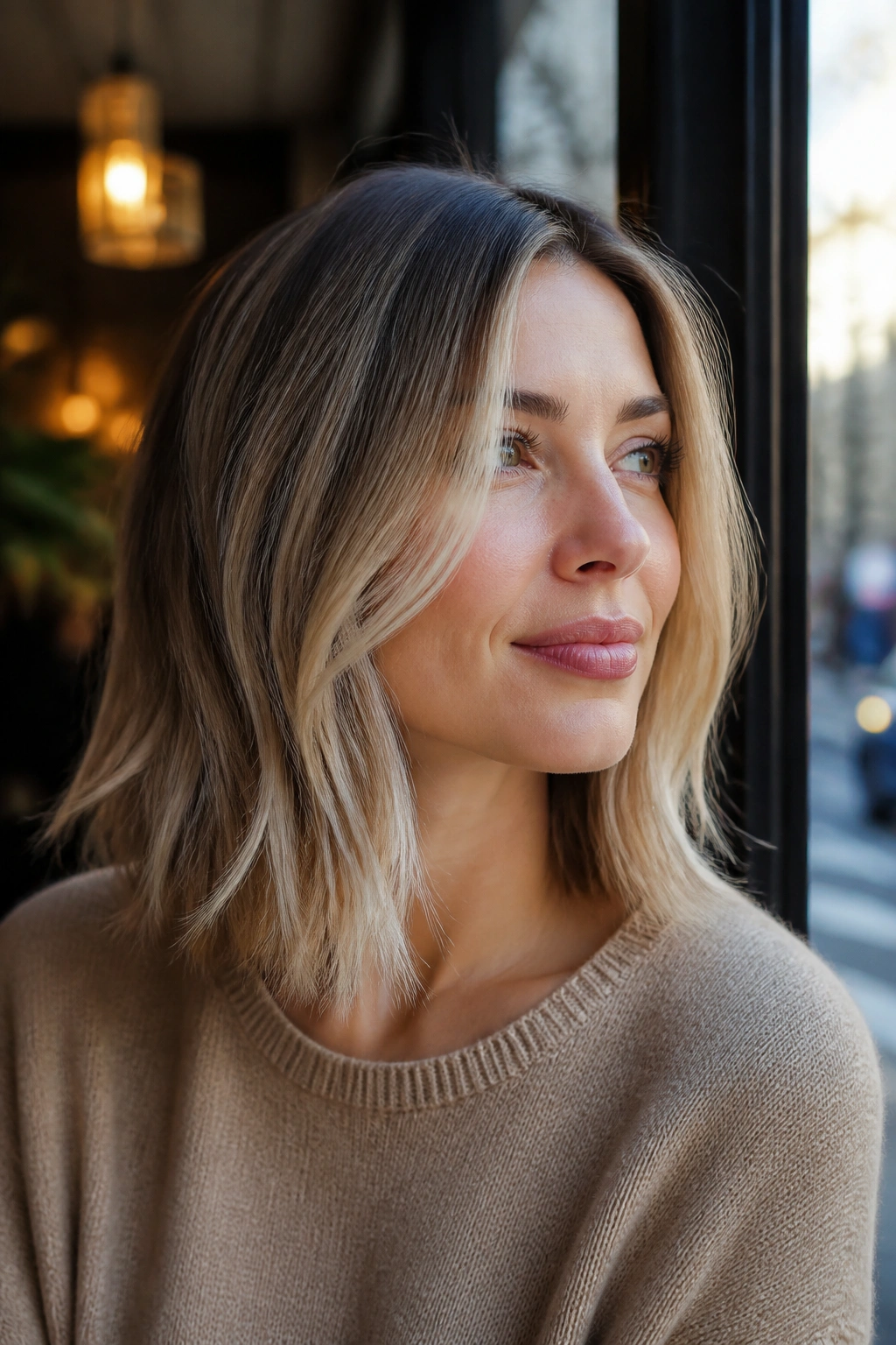 Close-up of a real woman with smoky beige blonde lob and face-framing pieces