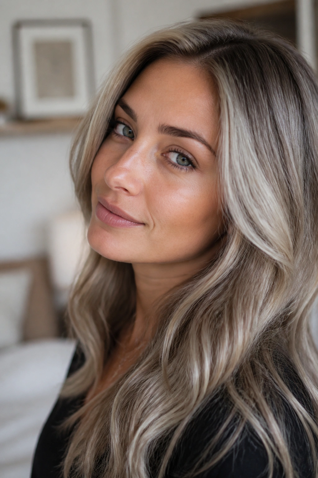 Close-up of a real woman with smoky beige blonde hair