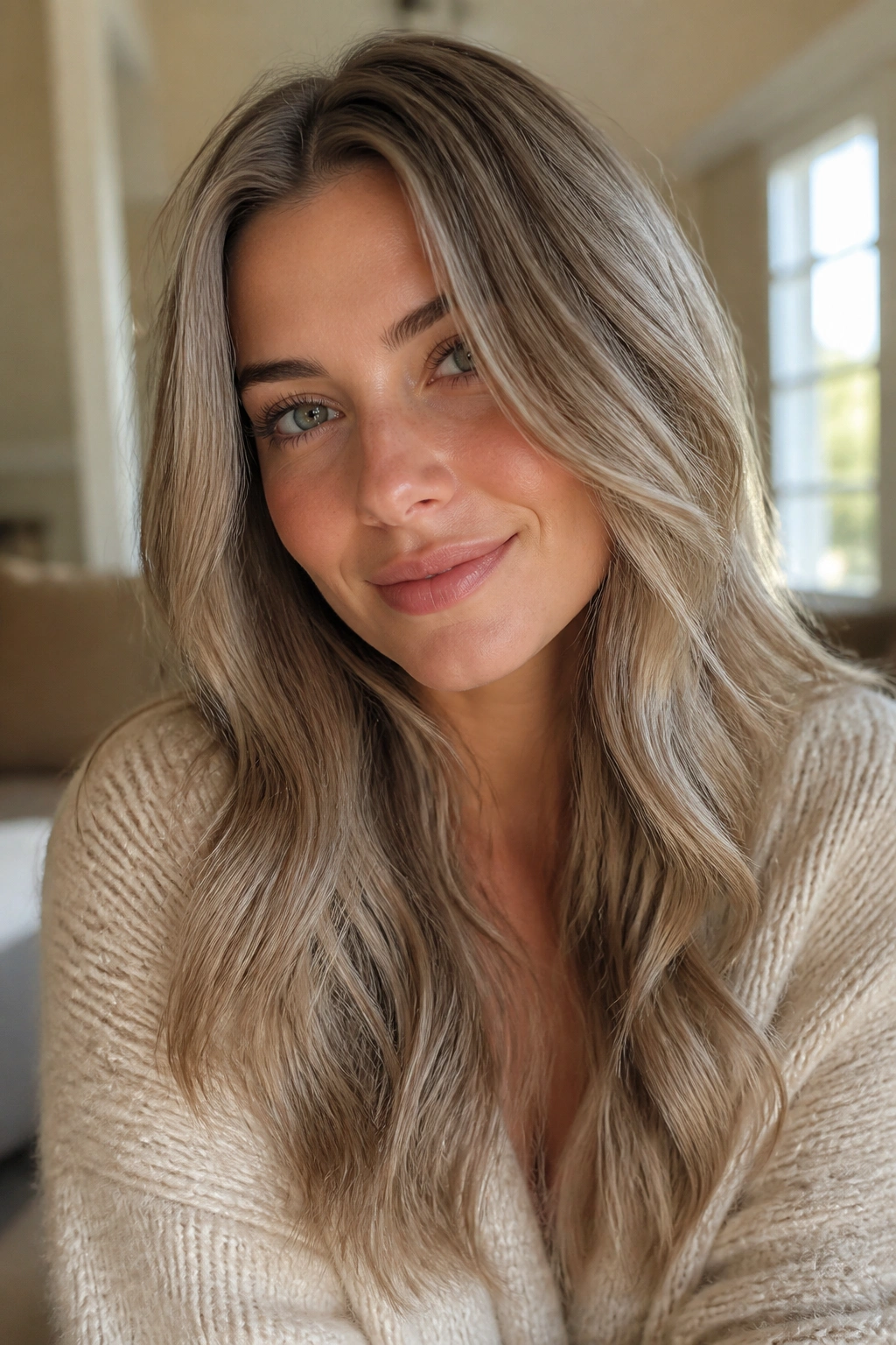 Close-up portrait of a real woman with smoky beige blonde hair in soft lighting.