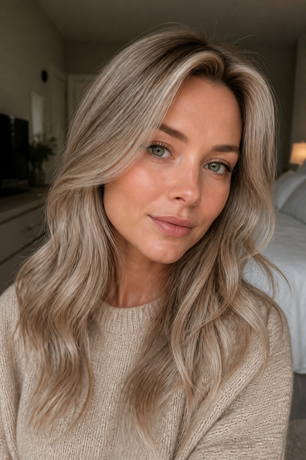 Close-up portrait of a woman with smoky beige blonde hair in natural window light