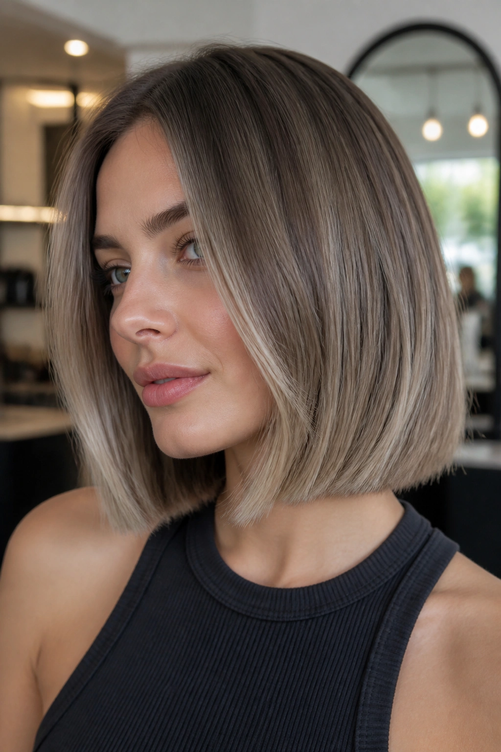 Close-up of real woman with smoky beige bob haircut