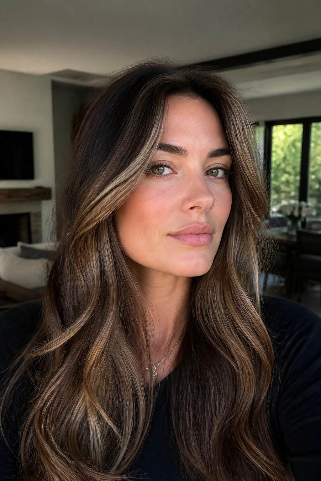 Smoky beige contour pieces framing temples on brunette hair