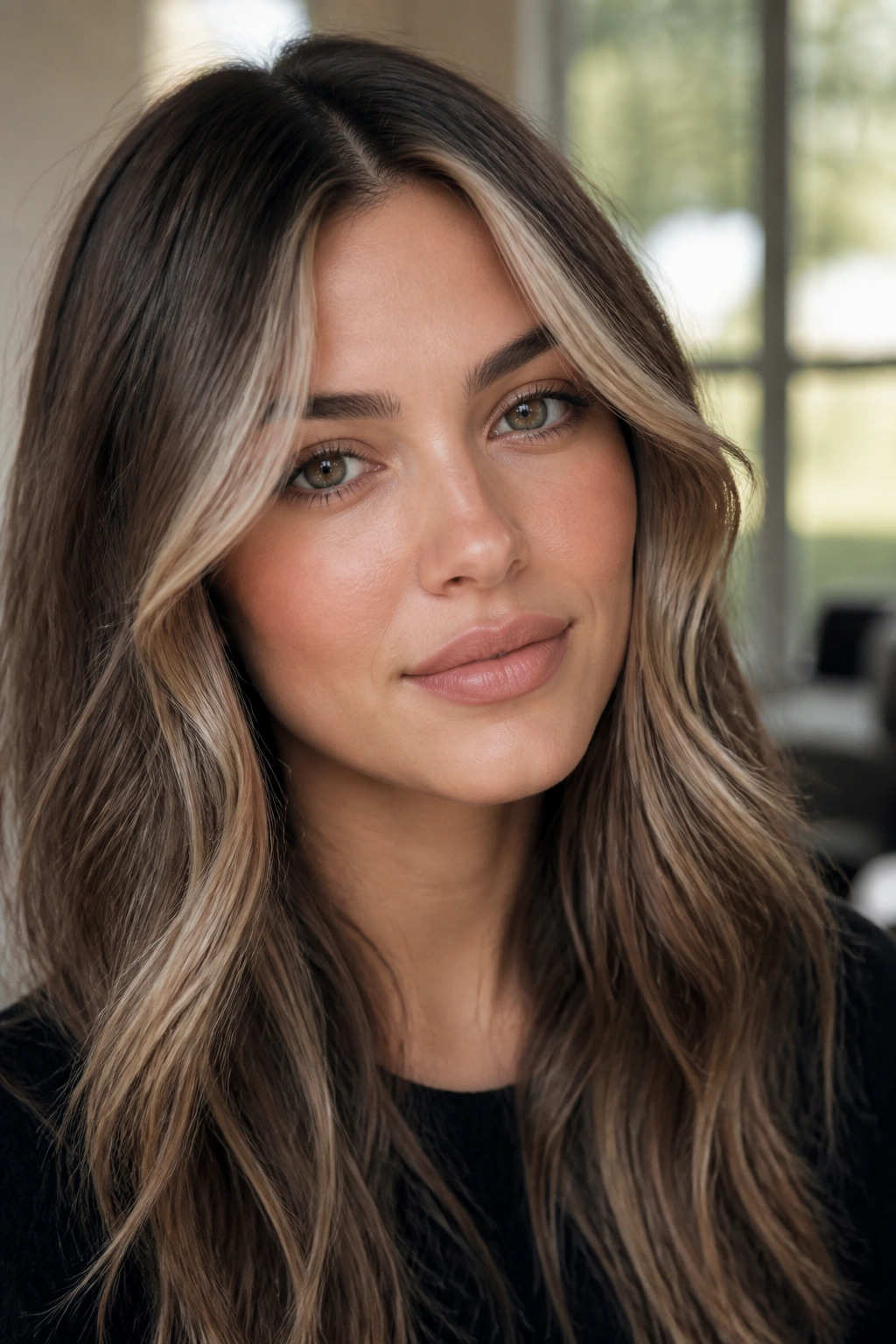 Close-up of a real woman with smoky beige face-framing highlights