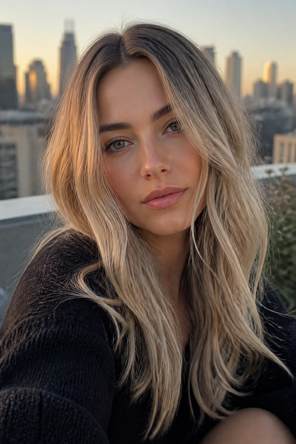 Portrait of a real person with smoky beige blonde and a natural root melt
