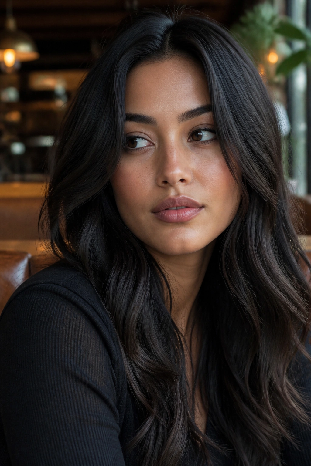 Close-up portrait of a real person with smoky black-brown hair in a cafe setting