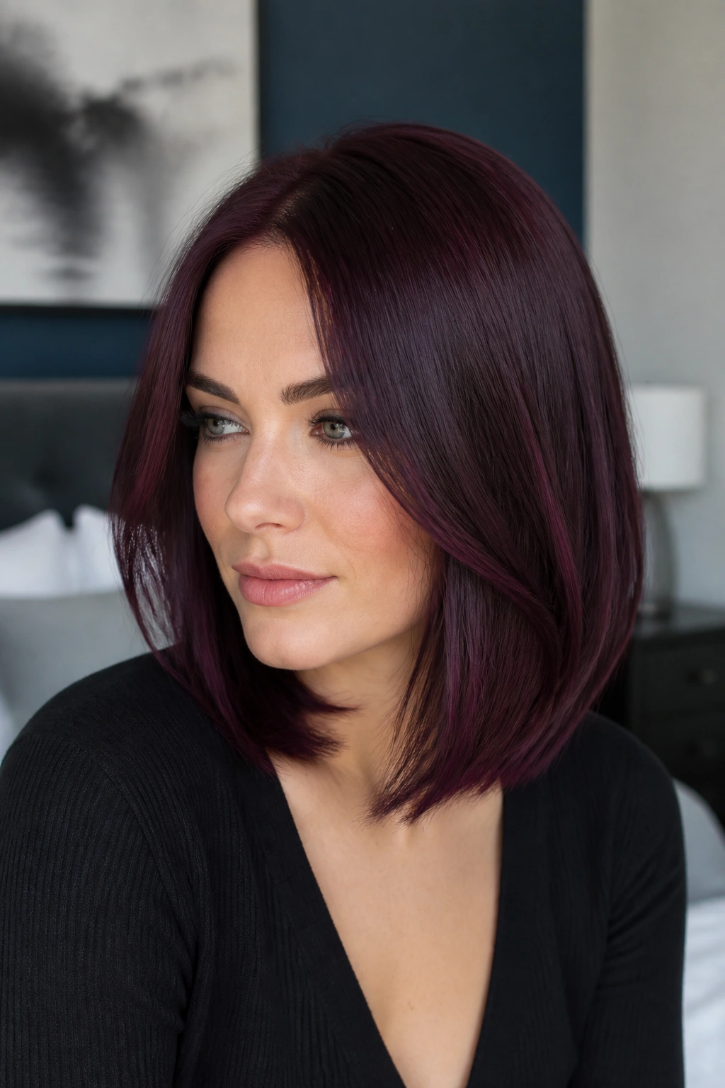 Woman with smoky black cherry lob haircut with ash-violet tones