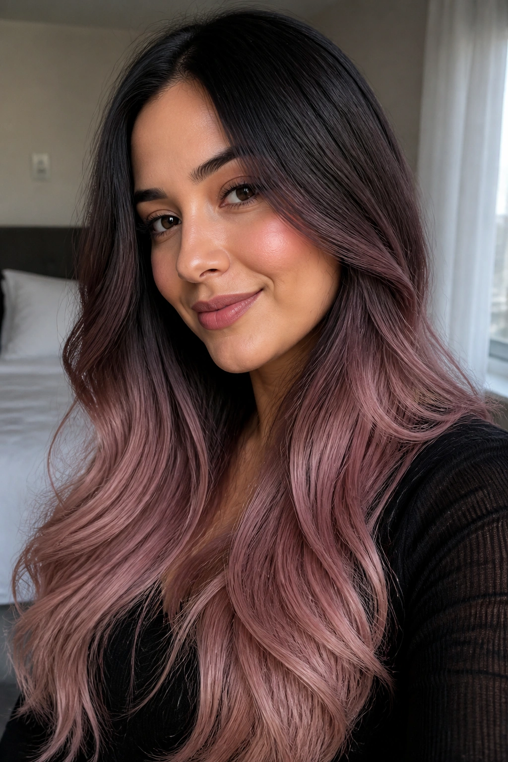 Close-up of smoky black to dusty blush ombre on long hair