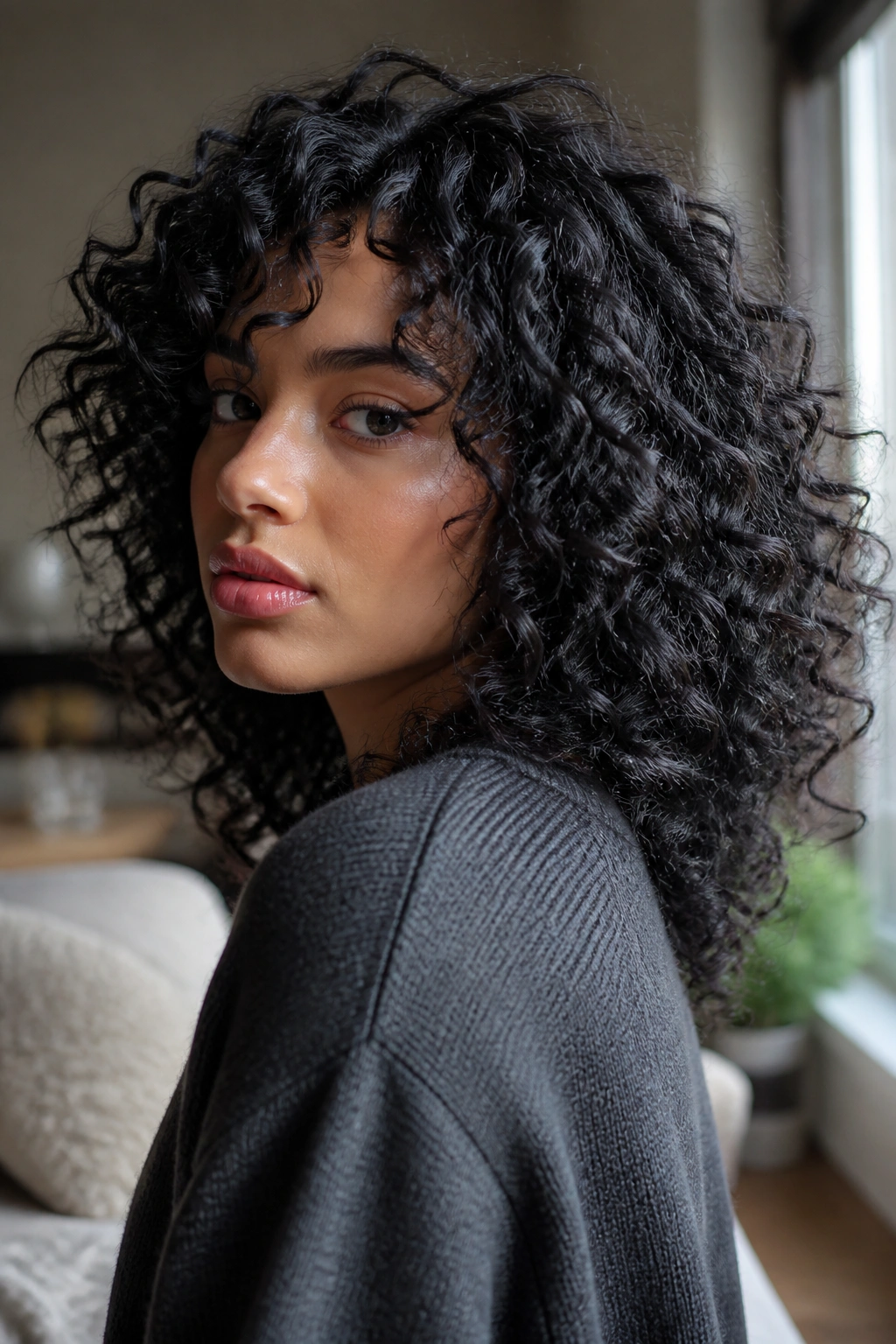 Close-up of a real woman with smoky black hair curls under soft window light