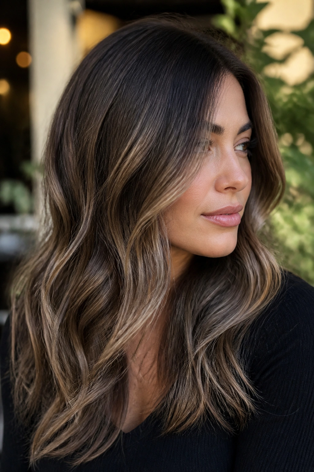 Portrait of a real person with chocolate hair and smoky blonde balayage