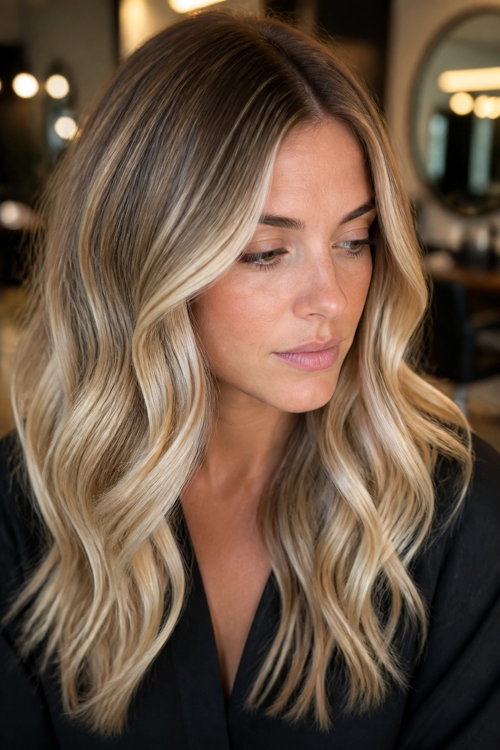 Close-up portrait of a real person with smoky root melt blonde and darker roots