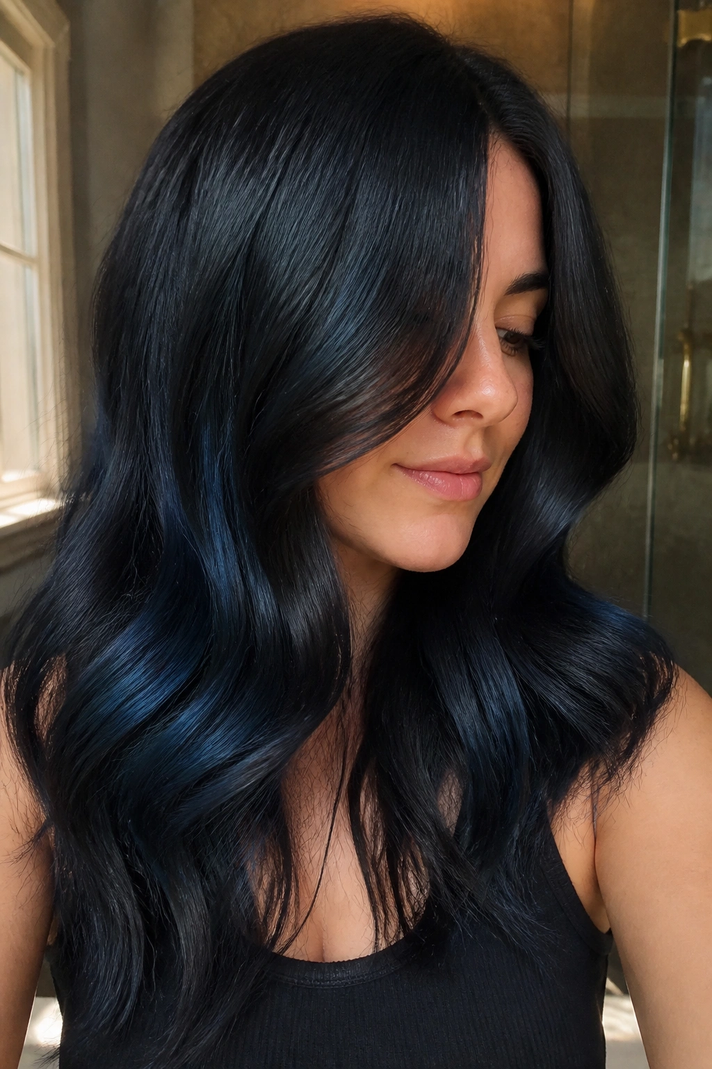 Close-up portrait of brunette hair with smoky blue-black gloss under window light