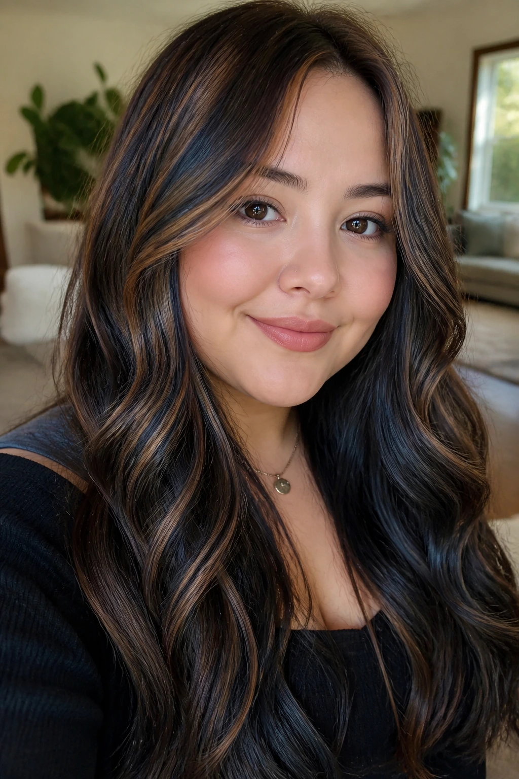 Close-up of warm brown hair with smoky blue sheen in sunlight