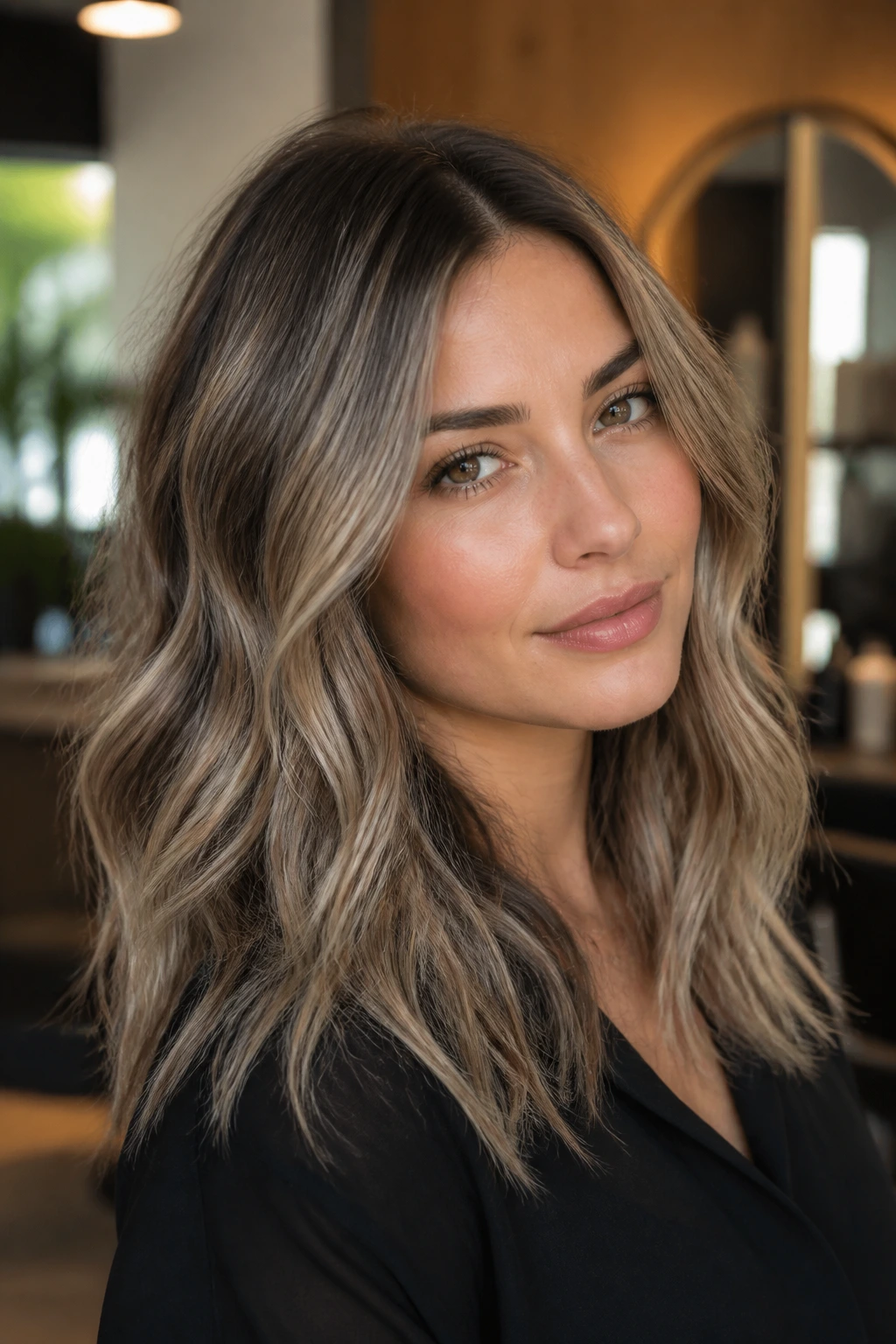 Close-up of a real person with smoky bronde ash blonde hair in a stylish salon.