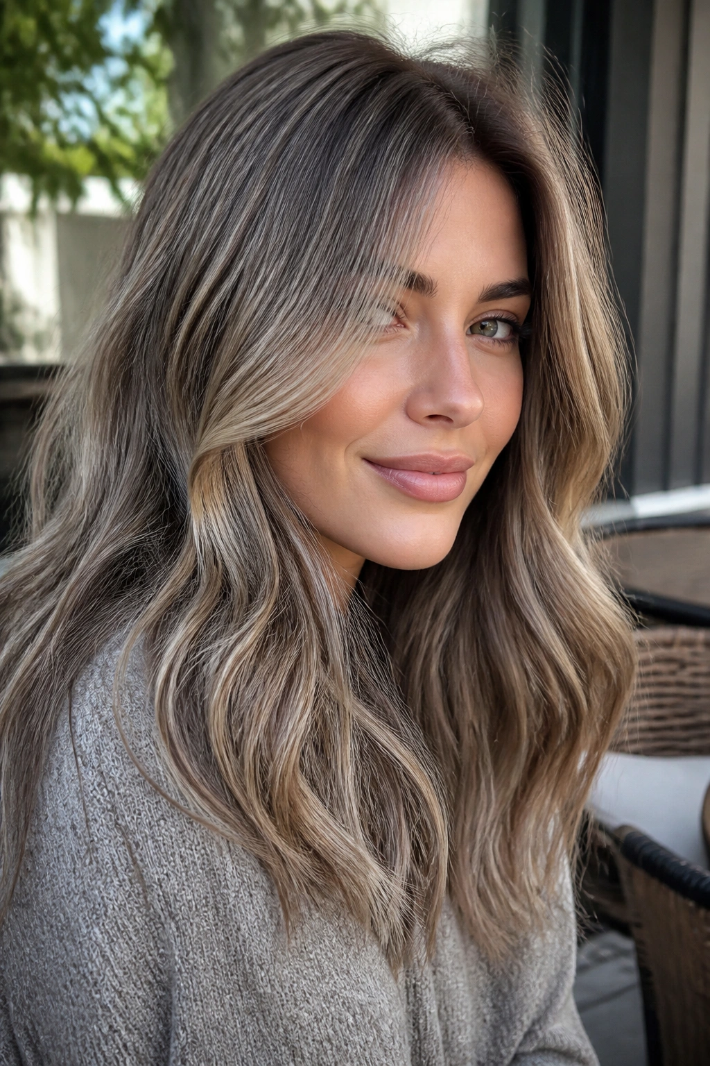Close-up portrait of a real woman with smoky bronde hair blending brown and blonde tones