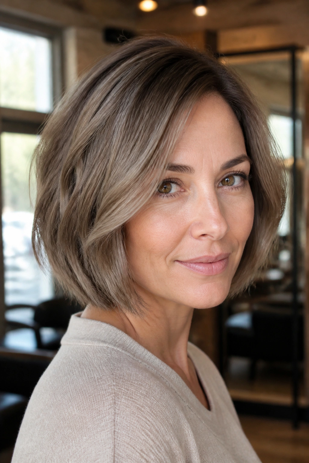 Close-up of a real woman with a smoky bronde bob in cool beige-brown tones