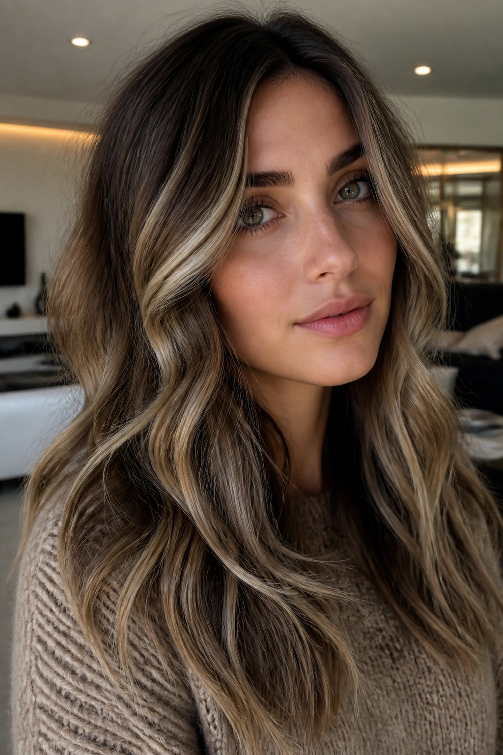 Close-up portrait of a person with smoky bronde hair and ash blonde ribbons