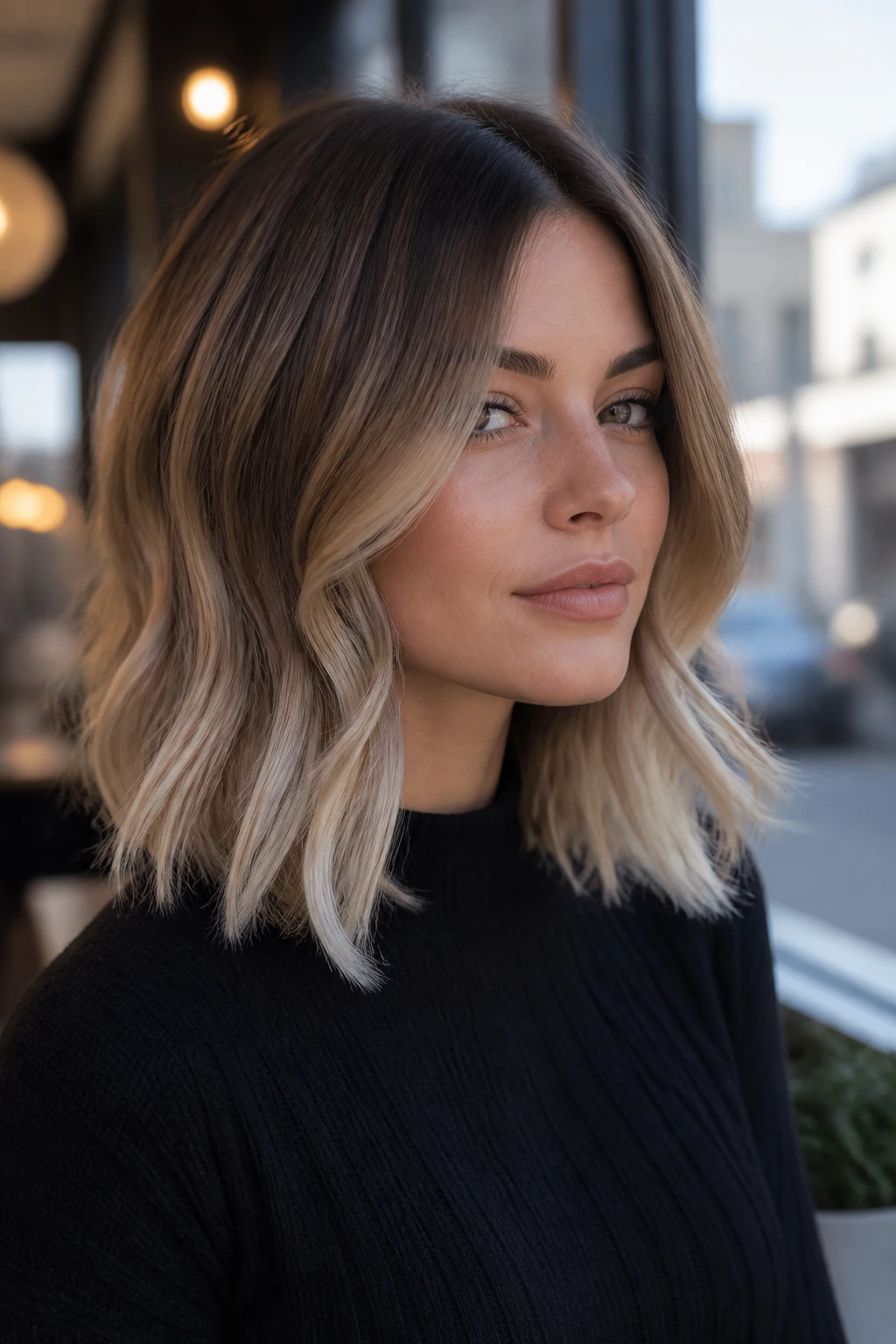 Medium close-up of smoky bronde lob with pearl ends on a real woman