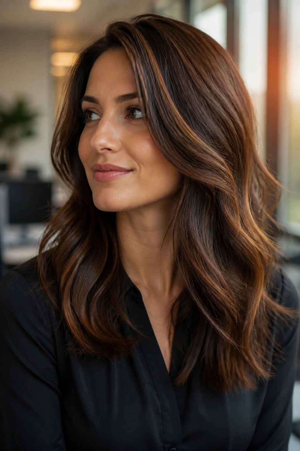 Close-up of a real woman with smoky brown base and auburn veil in a warm, professional setting