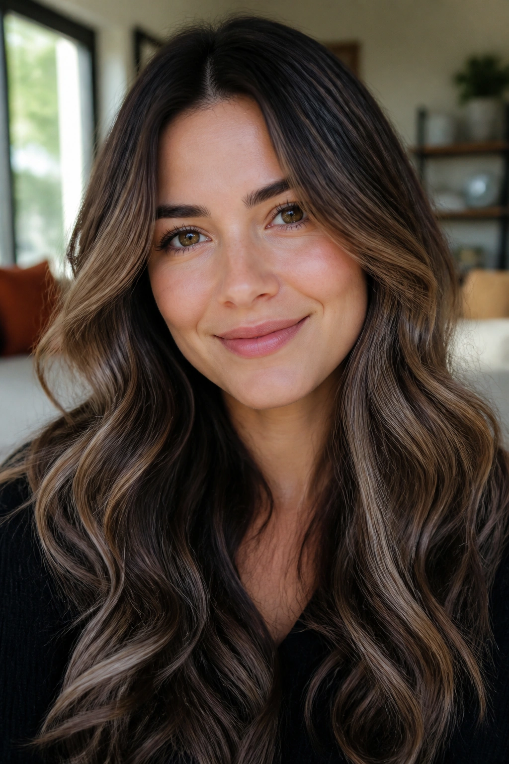 Close-up of a real woman with smoky brown hair and beige dimension, soft waves below the ears