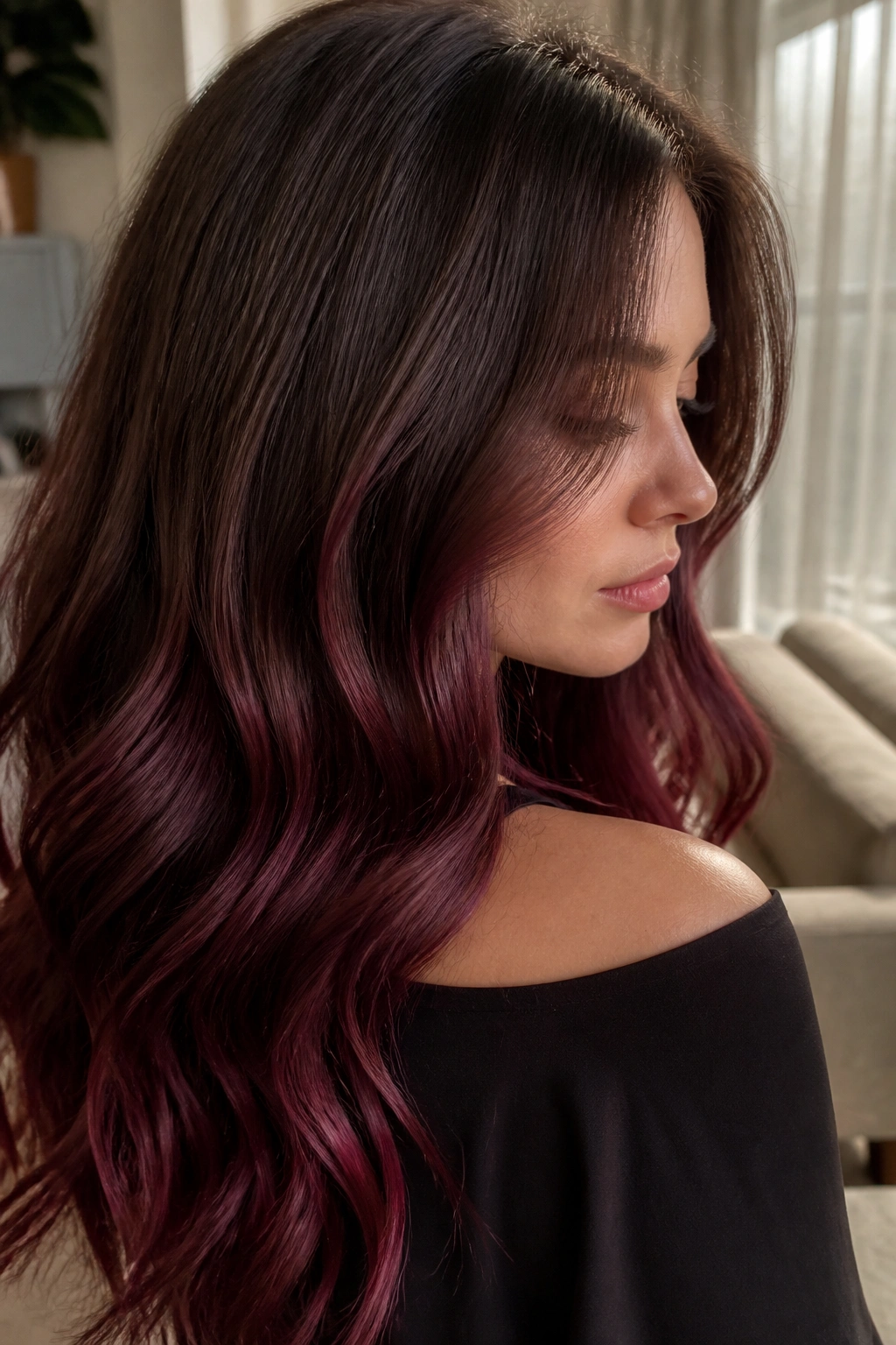 Close-up side profile of hair transitioning from smoky brown to burgundy veil