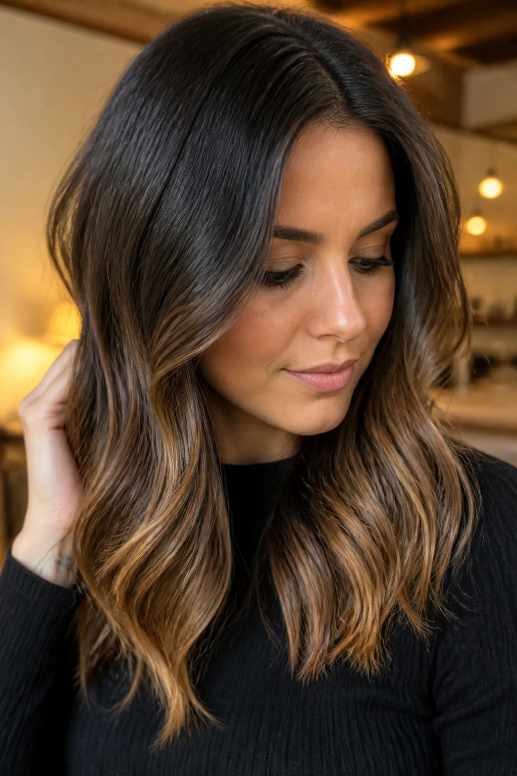 Portrait of a person with smoky brown hair and soft honey ends