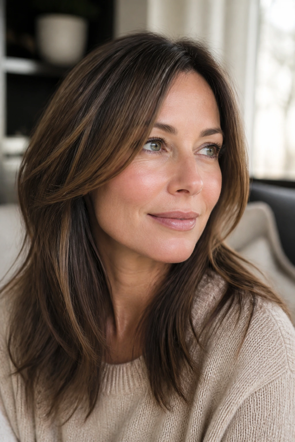 Close-up of a real woman's fine hair with smoky brown lowlights for added depth