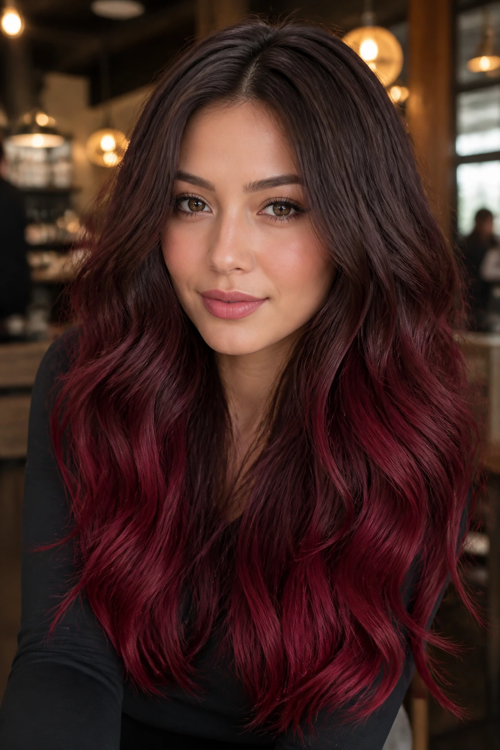 Close-up of smoky brown to red velvet ombre hair