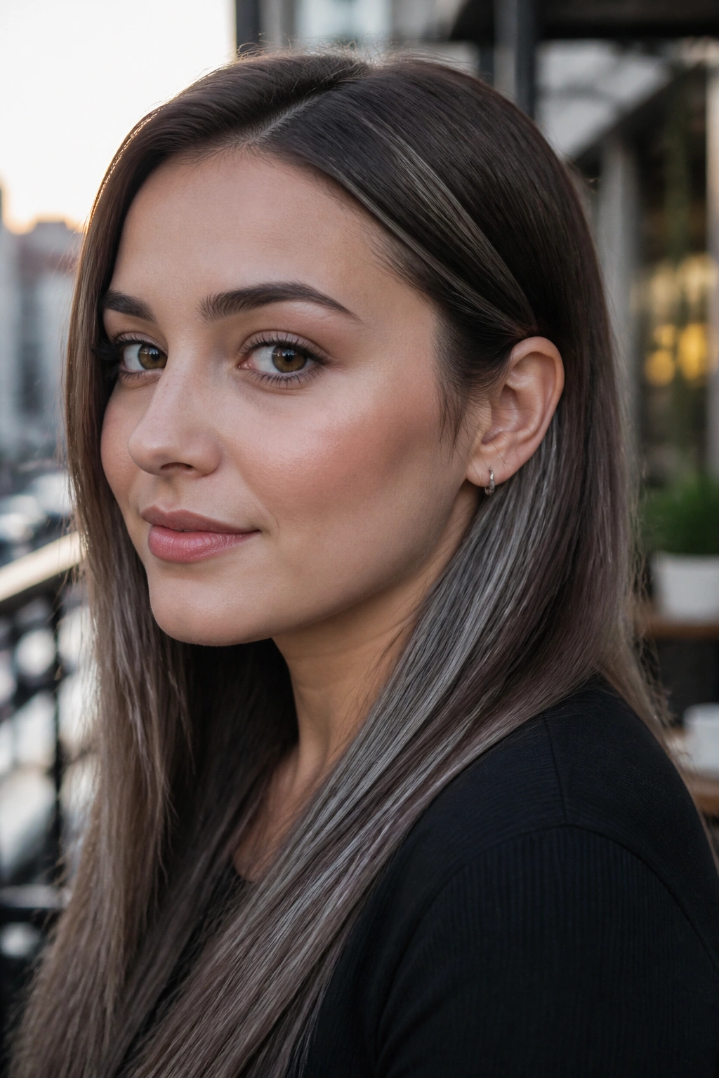 Close-up of smoky ash-brown hair with cool ribbon highlights
