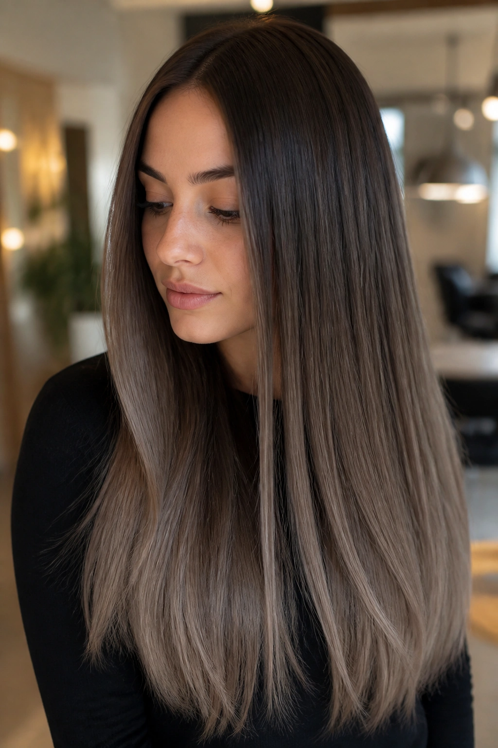 Close-up of a real woman with smoky brown ombre on straight hair