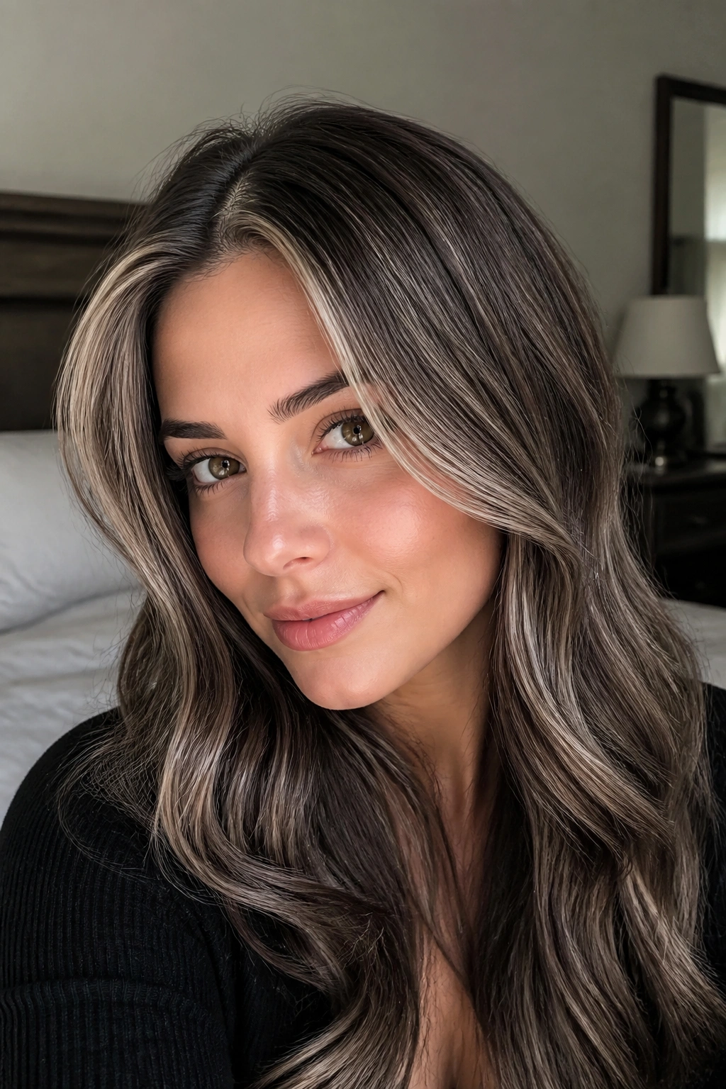 Close-up portrait of a real woman with smoky brunette hair and silver-beige babylights