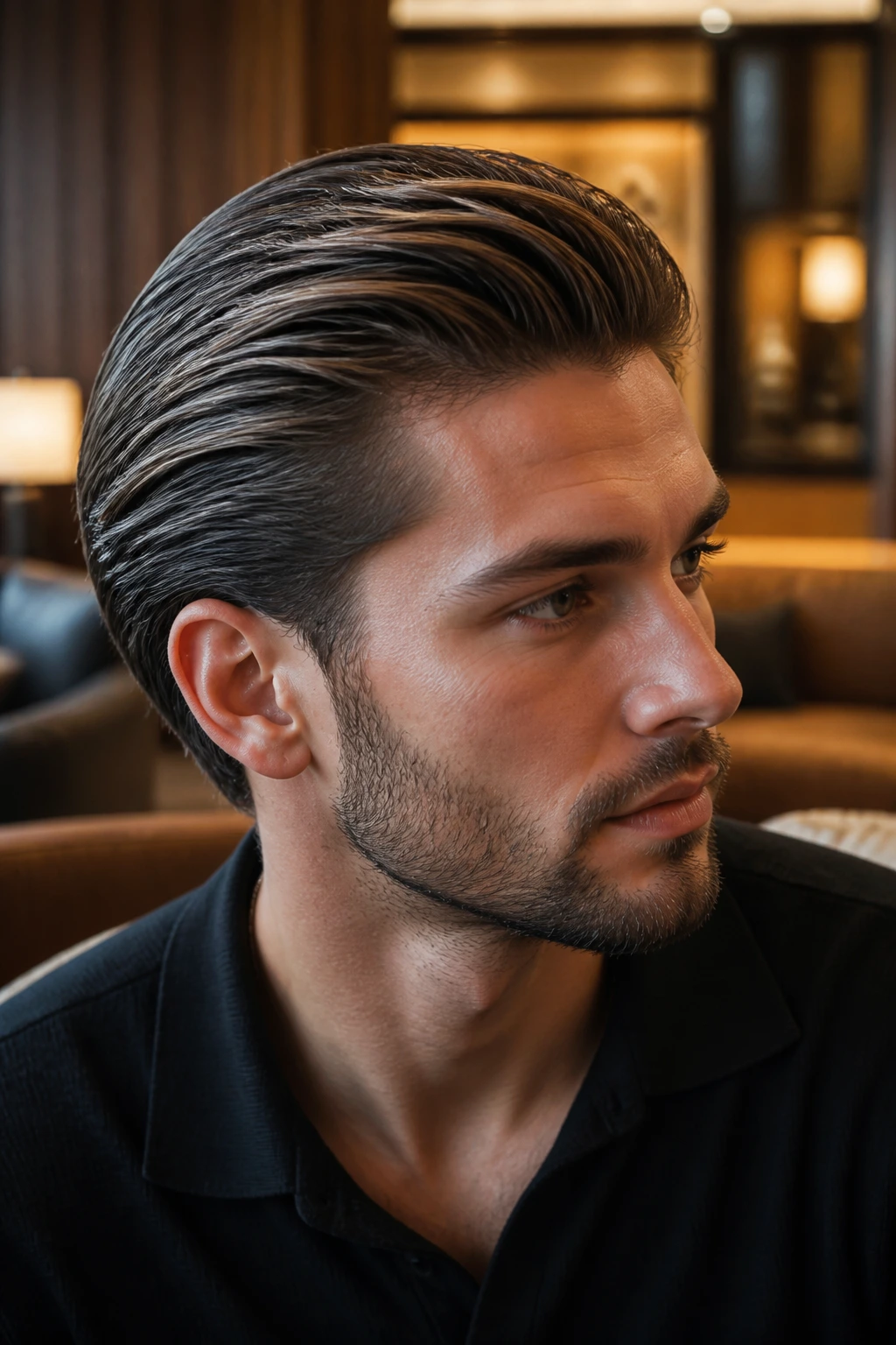 Close-up of a man with smoky brunette balayage slicked-back hair