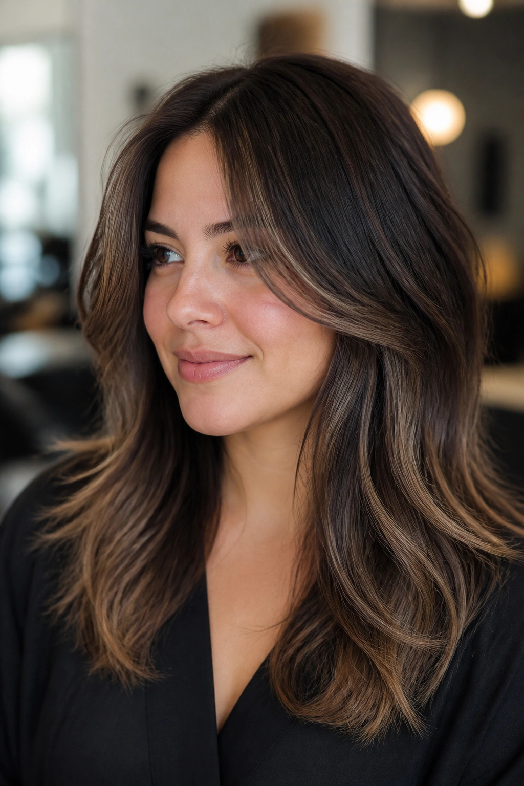 Close-up portrait of a woman with smoky brunette balayage and airy layers
