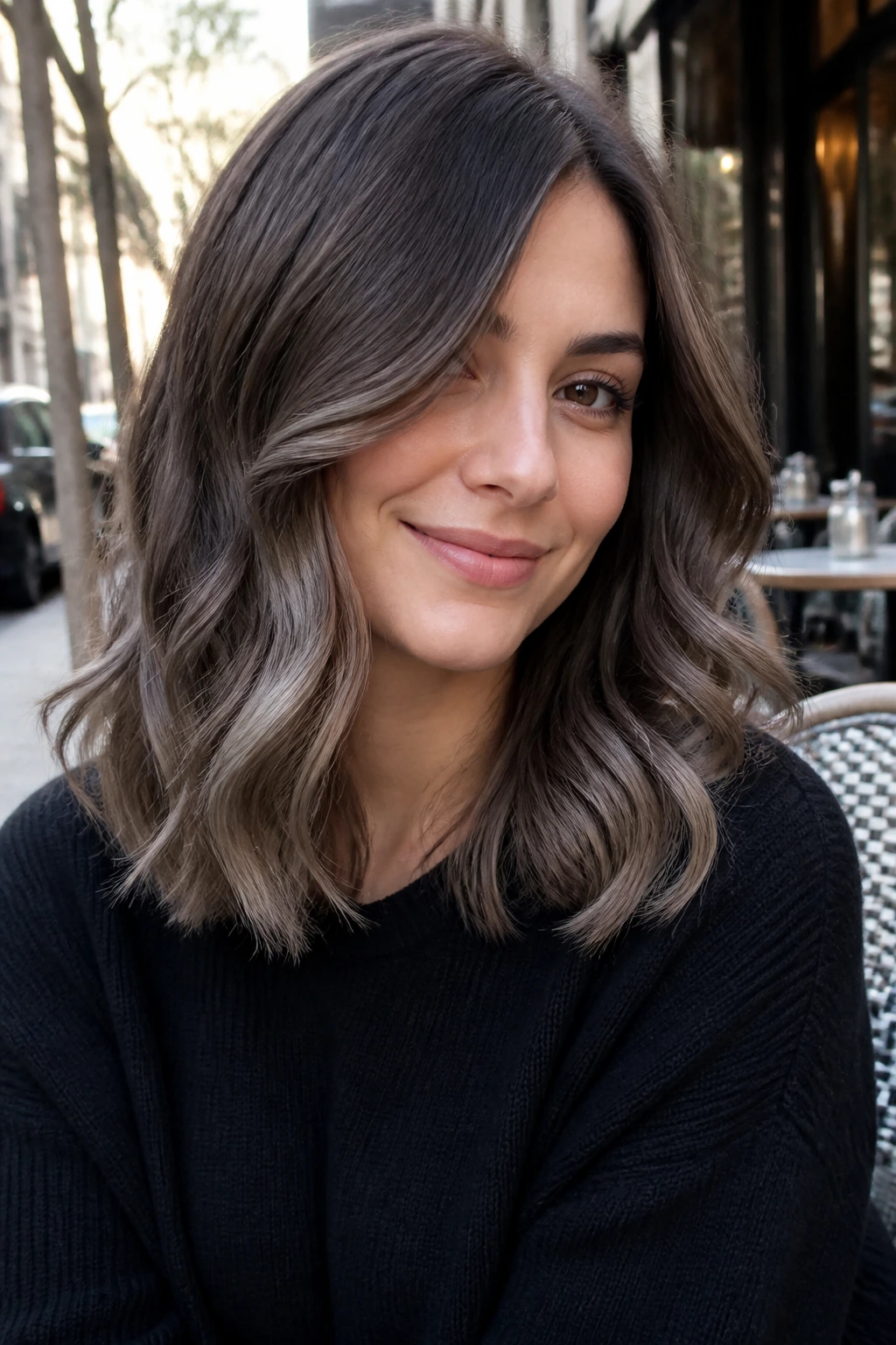 Real woman with smoky brunette balayage and ashy ends
