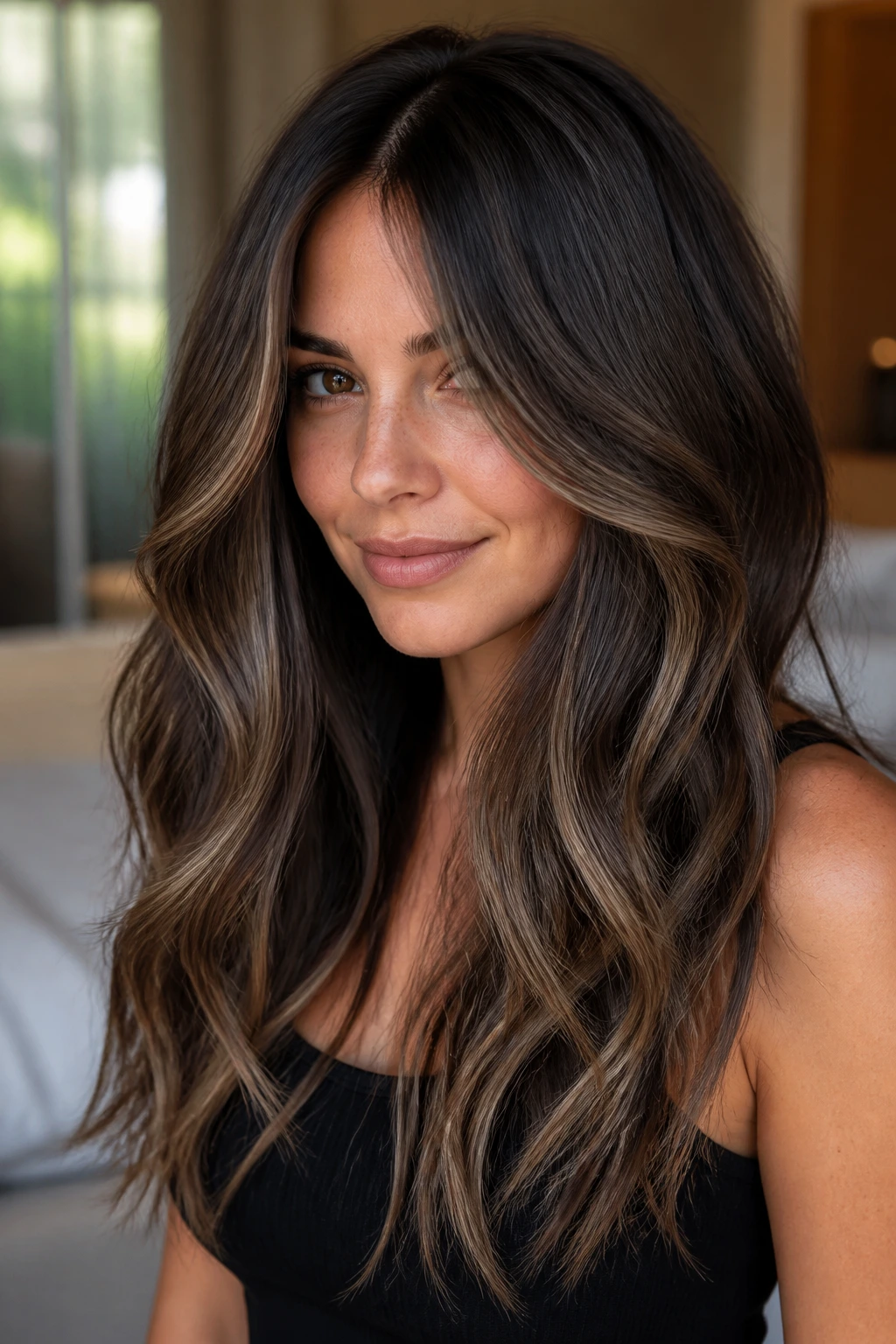 Close-up of a real woman with smoky brunette balayage and long curtain pieces around the cheeks