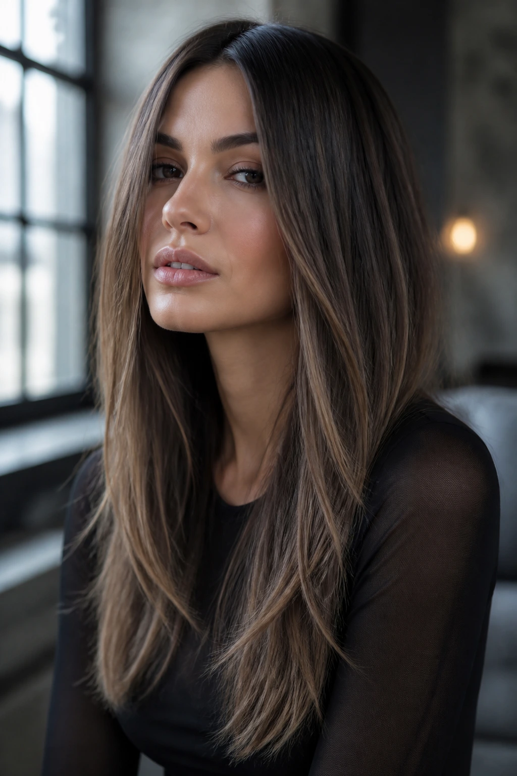 Close-up of ash-toned smoky brunette balayage on brunette hair