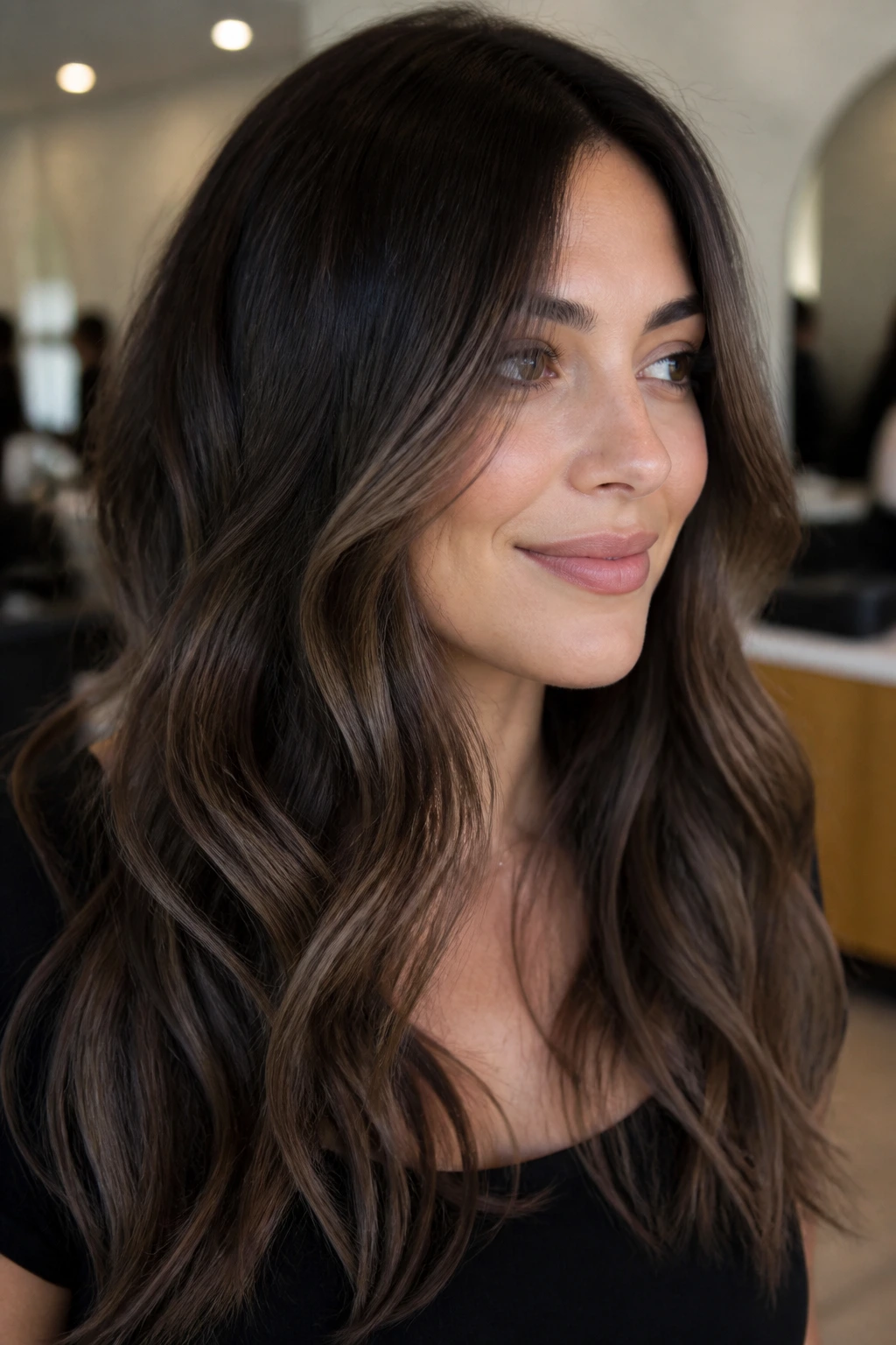 Close-up of real person with smoky brunette balayage and subtle highlights.