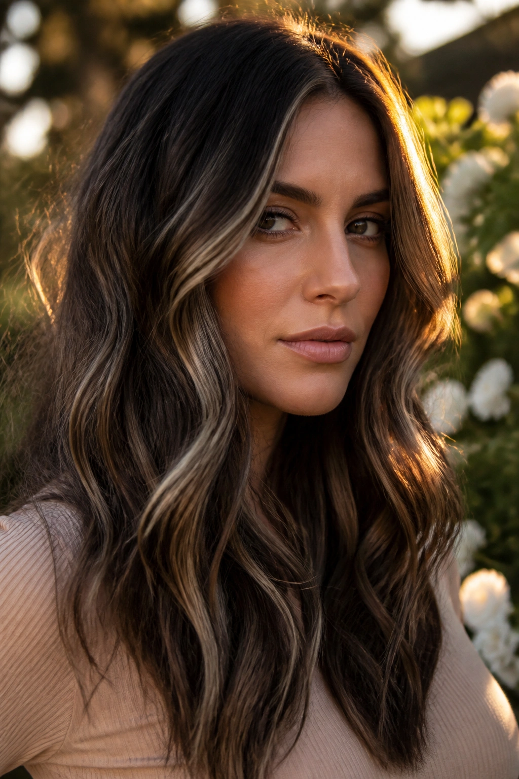 Close-up of a real woman with smoky brunette hair and beige lowlights in a garden