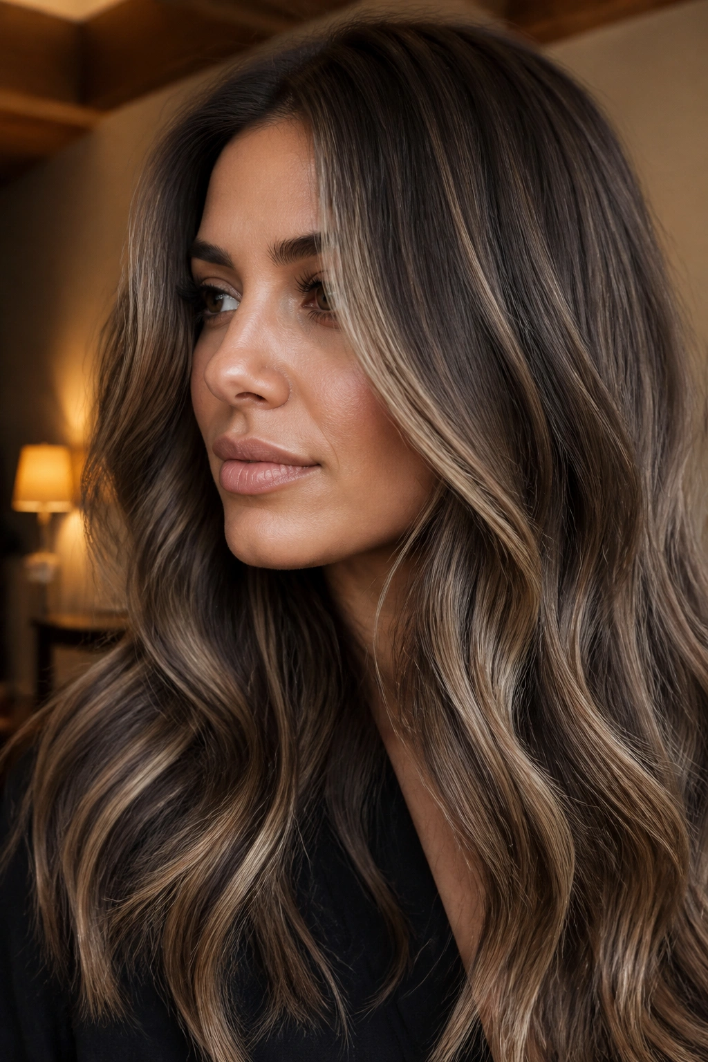 Close-up of real woman with smoky brunette melt and cool bronde highlights.