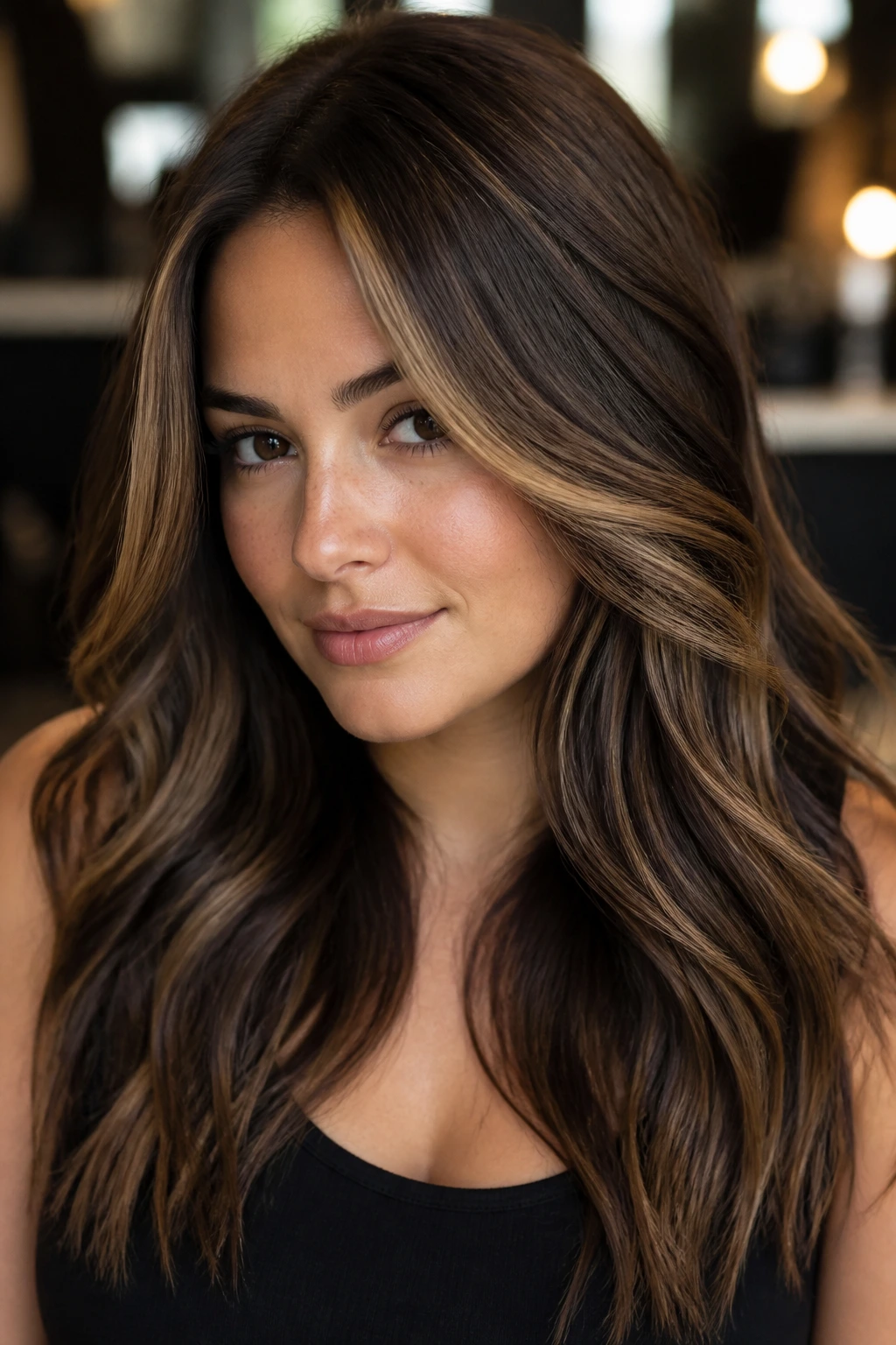 Close-up of smoky brunette hair with caramel lowlights and face-framing pieces