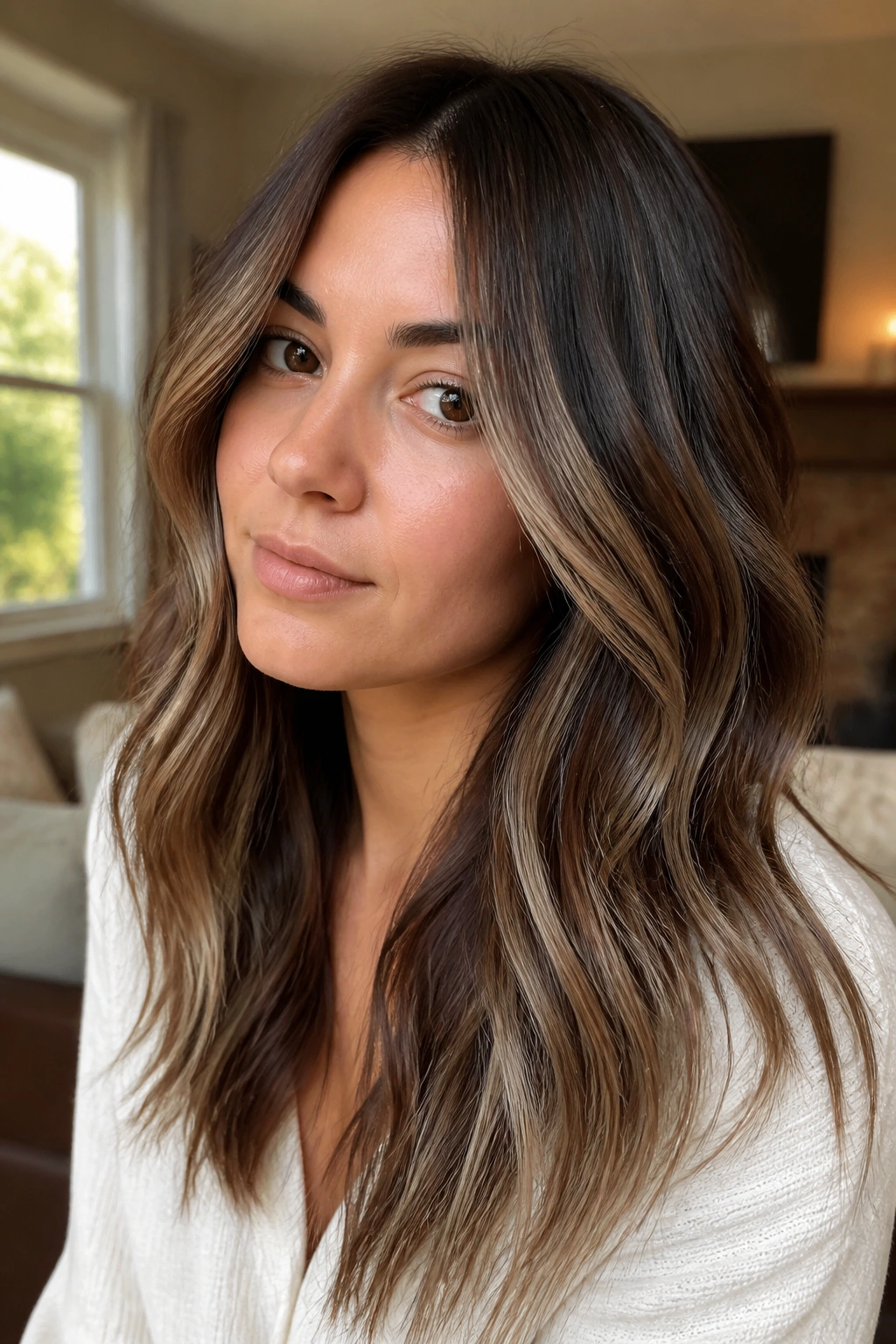 Close-up portrait of a woman with smoky brunette hair and champagne caramel highlights in loose waves