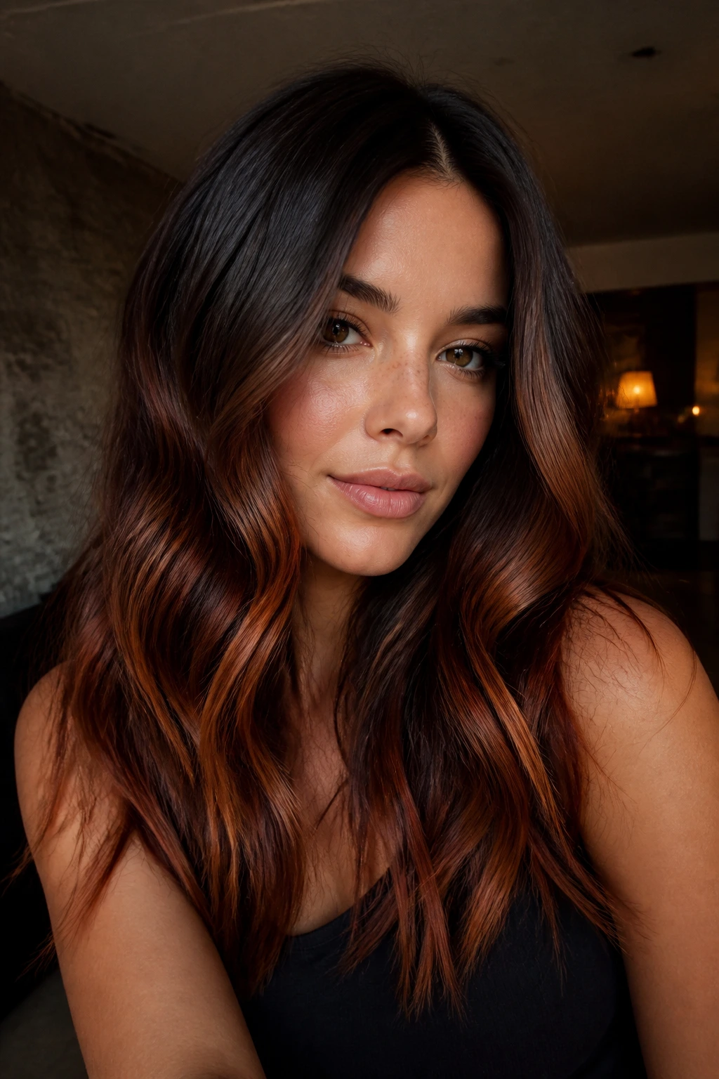 Close-up of a real woman with smoky brunette gloss and copper glaze.