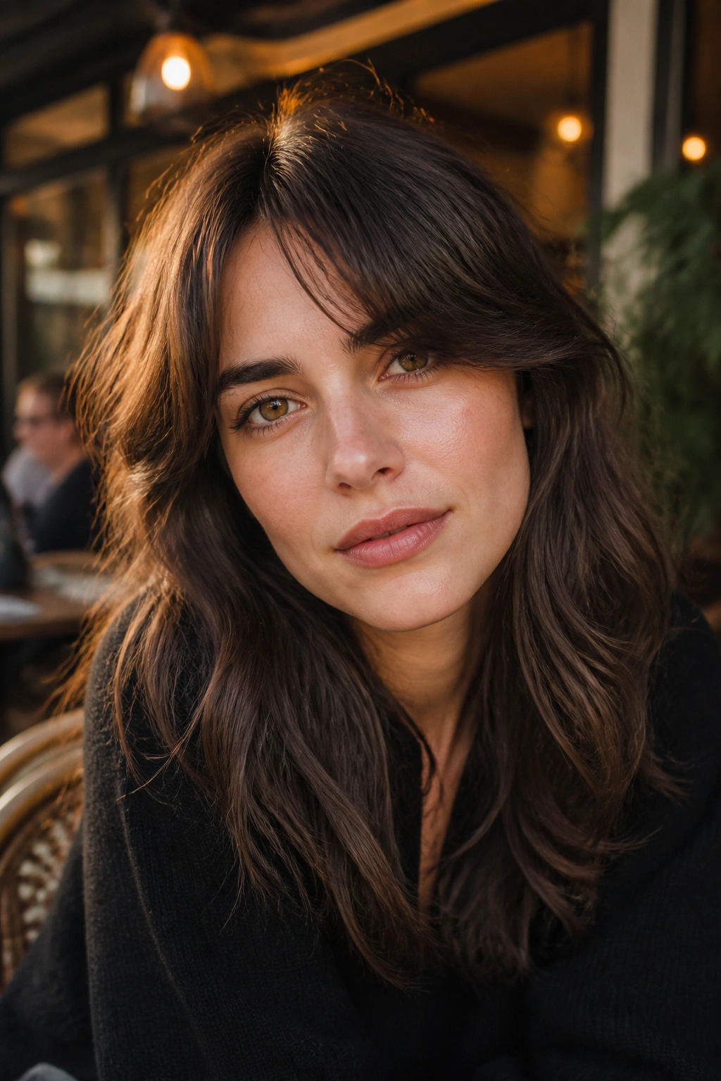 Portrait of woman with smoky brunette curtain bangs and textured waves outdoors at golden hour