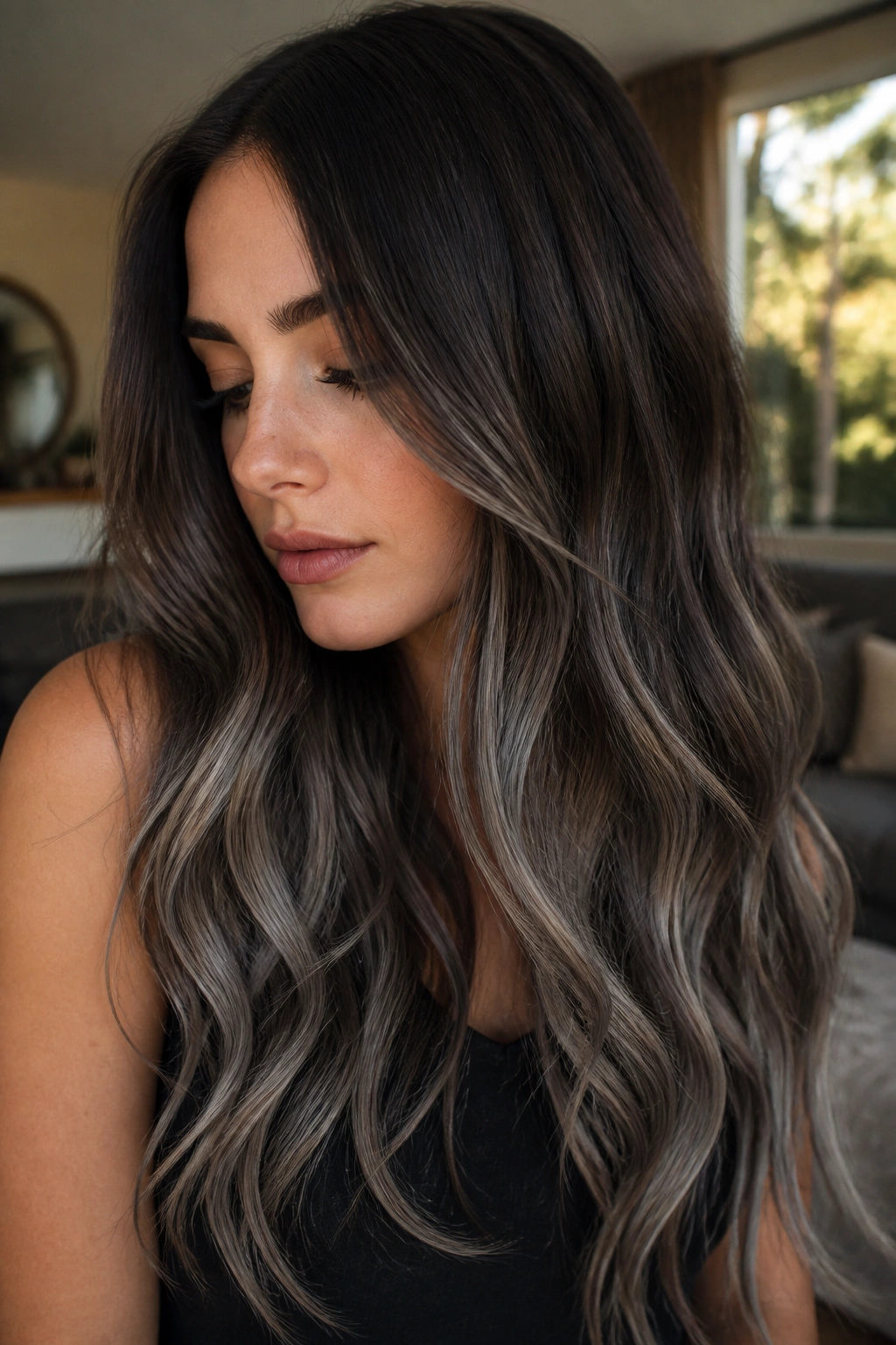 Close-up of smoky brunette ombre with cool ends on a real person.
