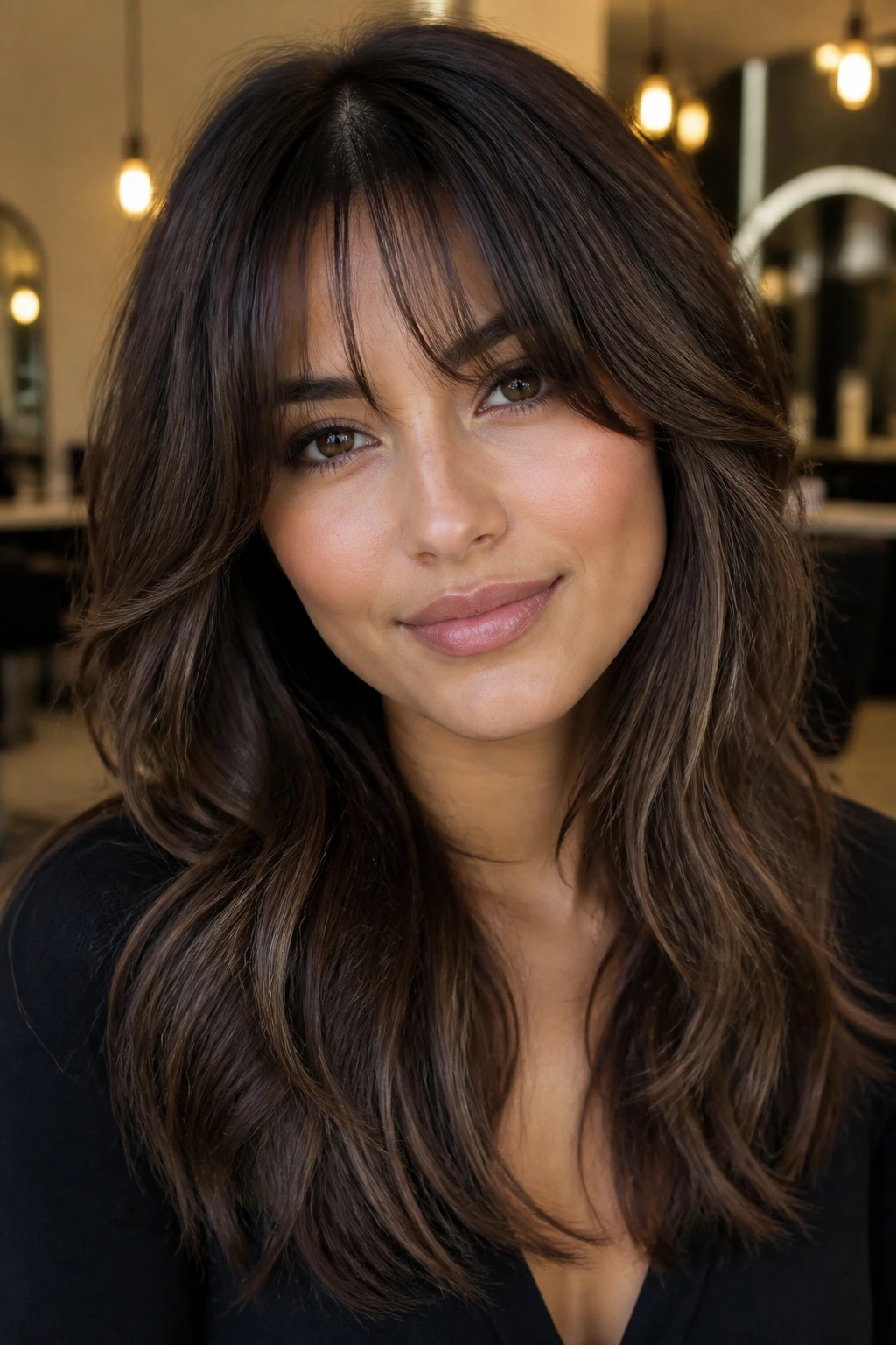 Close-up portrait of a real person with a smoky brunette and a feathered fringe.