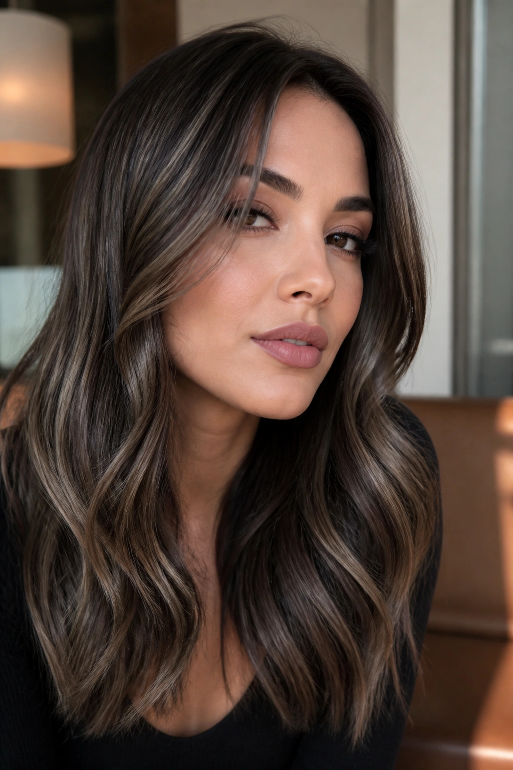 Portrait of a woman with smoky brunette hair and cool gloss.