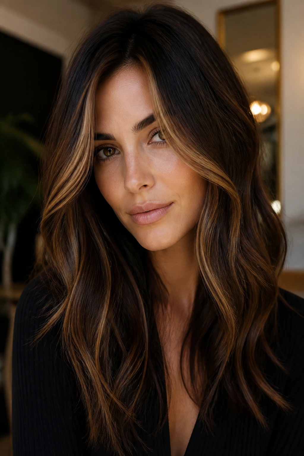 Close-up of a real woman with smoky brunette base and warm honey threads