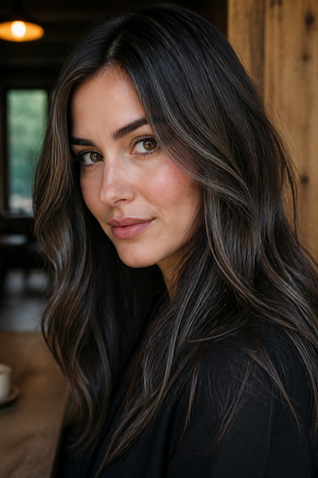 Smoky brunette with dimensional gray-brown lowlights on a real person